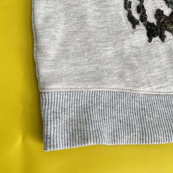 Express Cropped Sweater with Sequin and Lace Owl, Heather Gray/Cream, Size XS - Picture 8 of 14